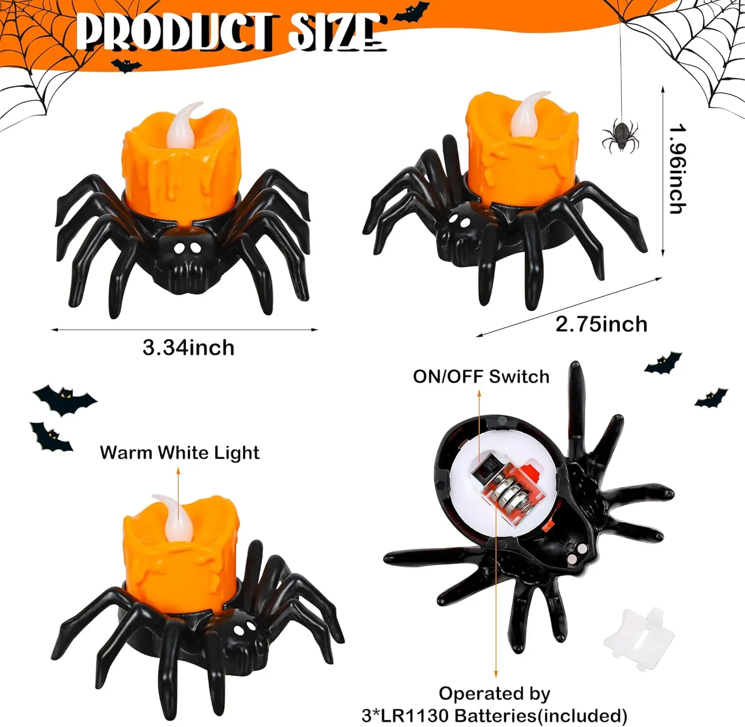 Halloween Spider Candle Lights, Halloween Orange Flameless Candle Lights Emitting Color:Warm White;Body Color:12-Pack 5