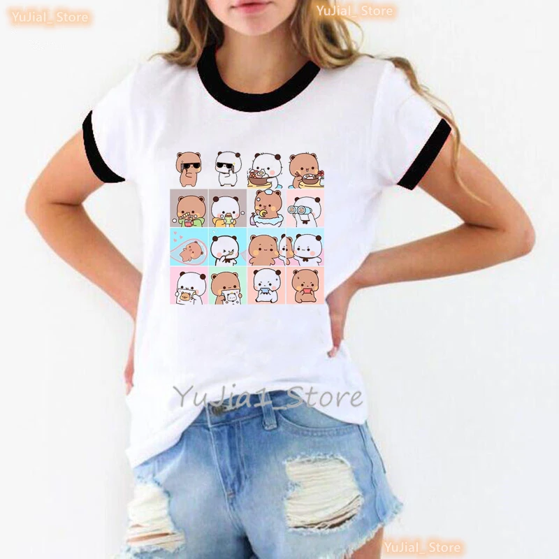 Фото Kawaii Panda Bubu Dudu, футболка с мультяшным принтом для девушек, розовый бант, розовая, романтичная, летняя футболка с коротким рукавом №2