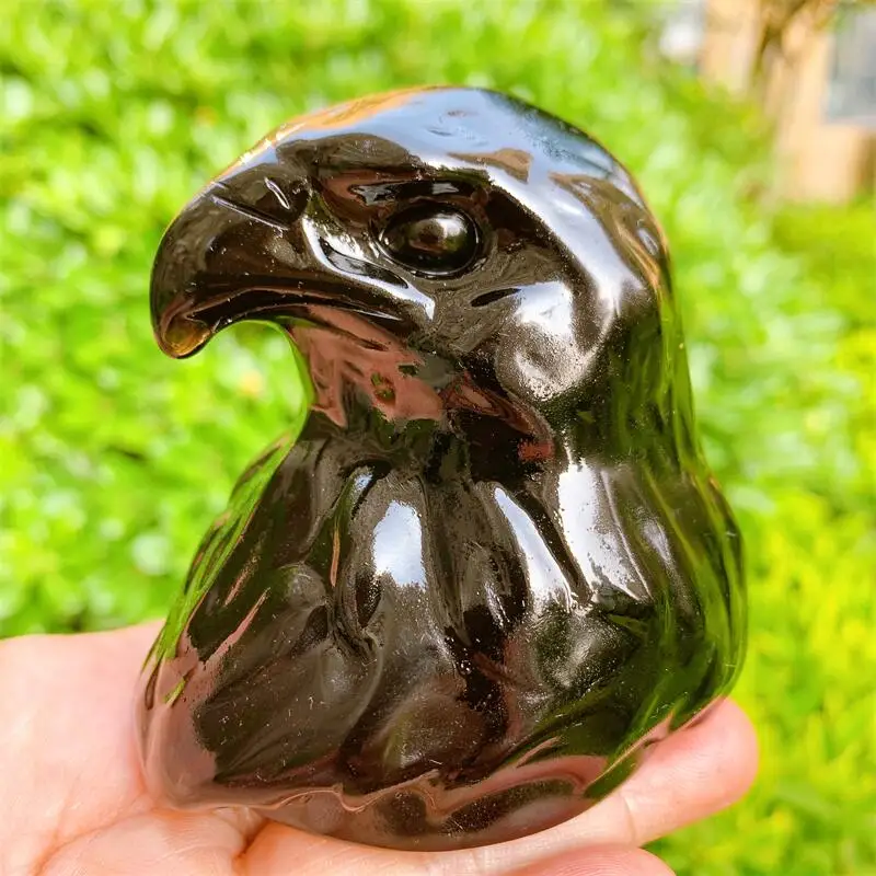 

Natural Black Obsidian Crystal Stone Crow Head Hand Carved Animal Figurine Energy Crafts Home Decoration As Gift 1pcs