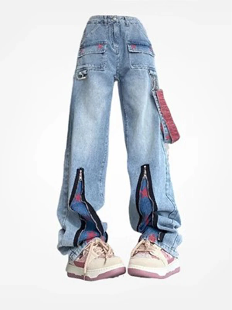 

Japanese Streetwear Harajuku Fashion Star Print Cargo Blue Wide Pants Straight Casual Baggy Trousers Vintage 90s Hip Hop Grunge