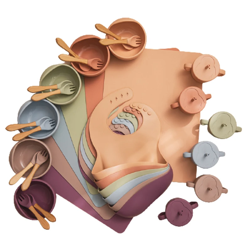 

6 шт./компл. посуда для кормления ребенка без бисфенола А, Пищевая силиконовая миска, нагрудник, подложка, вилка, ложка, чашка для кормления, Набор детских принадлежностей для детей