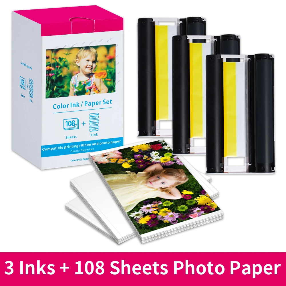 KP-108IN 3 Color Ink Cartridge&108 Sheets Paper Compatible for Canon Portable Photo Printer CP800 CP910 CP1200 CP1300 CP1500