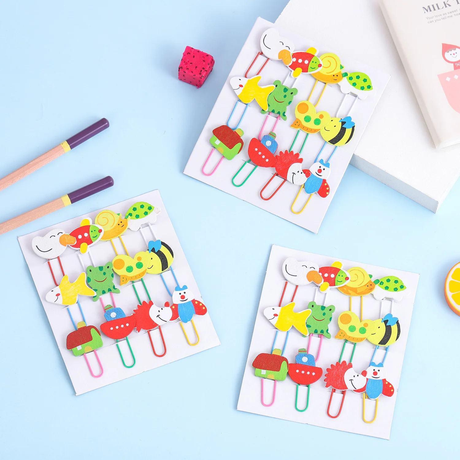 12Pcs/Set Creative Cute Animal Paper Clip Bookmark Kids Stationery Kawaii Cartoon Bee Frog Wooden Paperclips Office Gadgets Gift