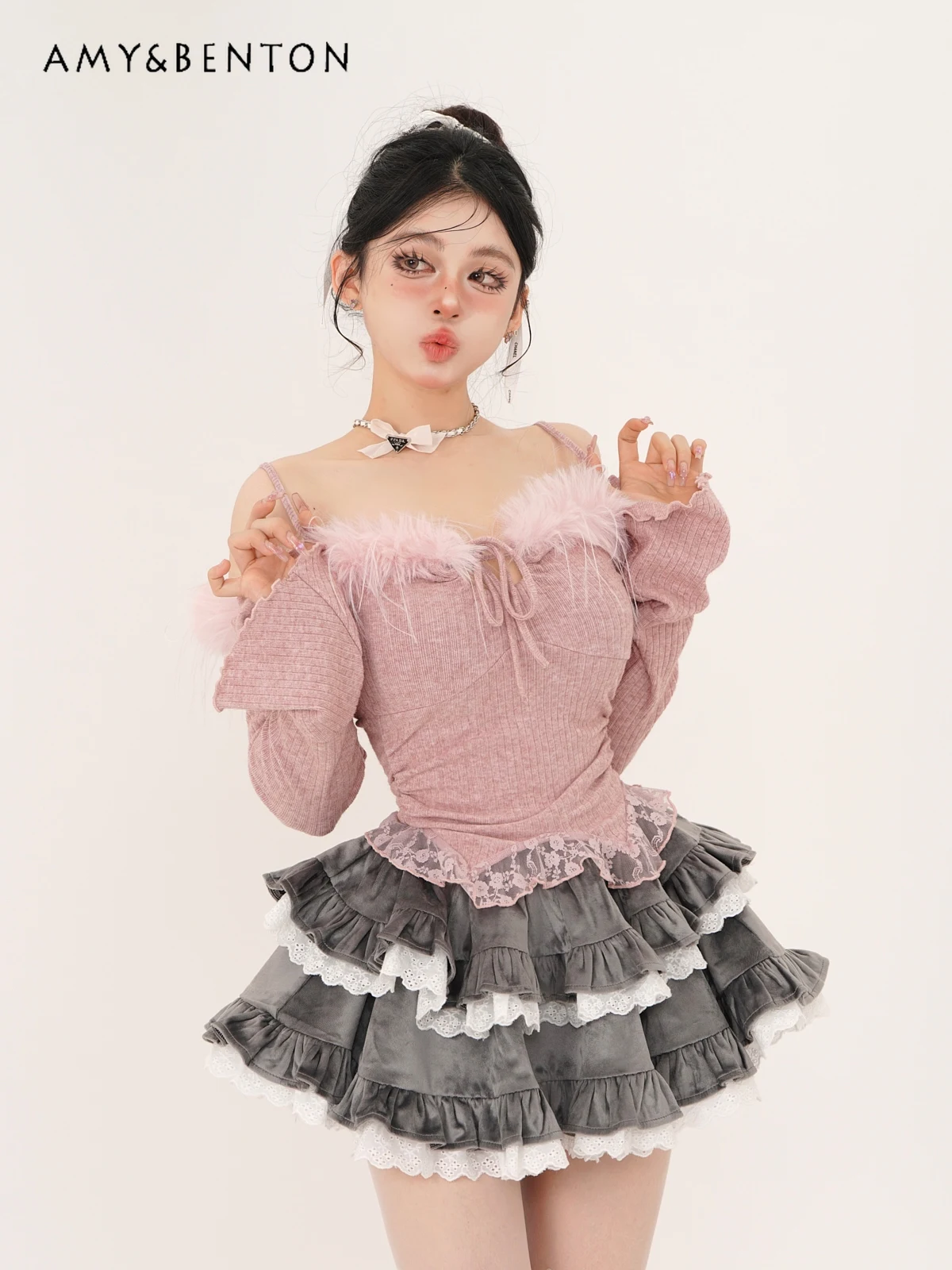 

Preppy Style Sweet Pink Off-Shoulder Bell Sleeve Slim Fit Tops + Mini Skirt Two-Piece Sets Autumn Winter New Goth Y2K Outfits