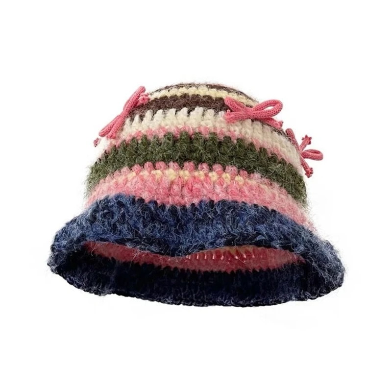 

Pink Bows Bucket Hat Knit Y2K Beanie Hat Striped Party Holiday Winter Warm Hat Beanie Theme for Teens