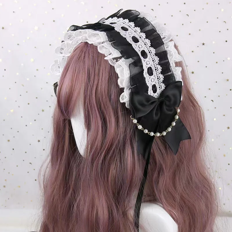 Ruffled Lace Headpiece Headband Weet Lolita Bowknot Maid Headdress Women Girls Japanese Style Crisscross Ribbon Pearls Beaded