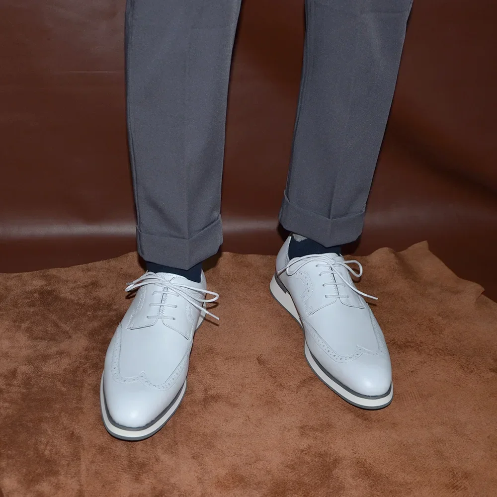 XEBOS Men&rsquo;s White Summer Sneakers Genuine Leather Breathable Lace-up Wing Tip Derby Shoes Casual Outdoor Walking Footwear Male