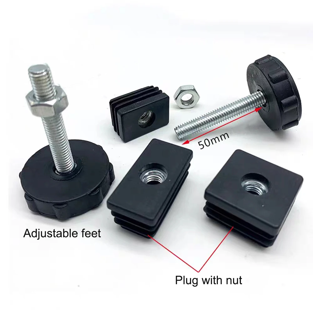 4Pcs Square Adjustable Foot Mat With M8 Nut Pipe Plug Black Rectangle Tube Furniture Leveling Feet Levelers For Table Chair Legs table foot pad