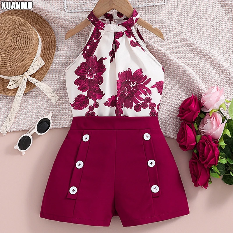 XUANMU 2pcs Toddler Girls Floral Halter Top & Button Detail Shorts Set Kids Summer Clothes X029A_viptrois.com