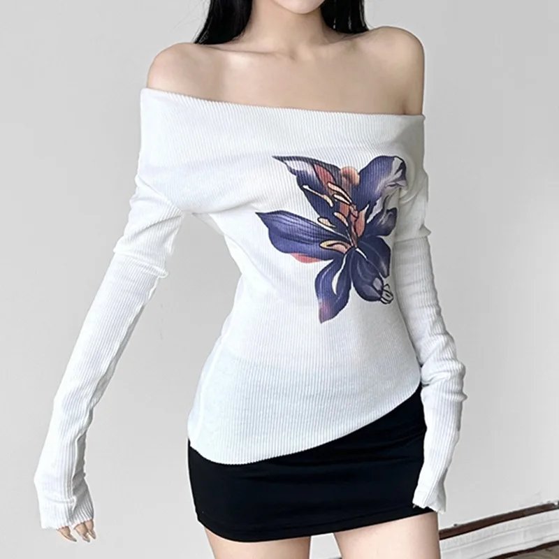 Talenza One Shoulder Printed Top Women's Summer Knit Backless Pleated Casual Pullover White Slim Office Lady Sexy Female T-Shirt 6
