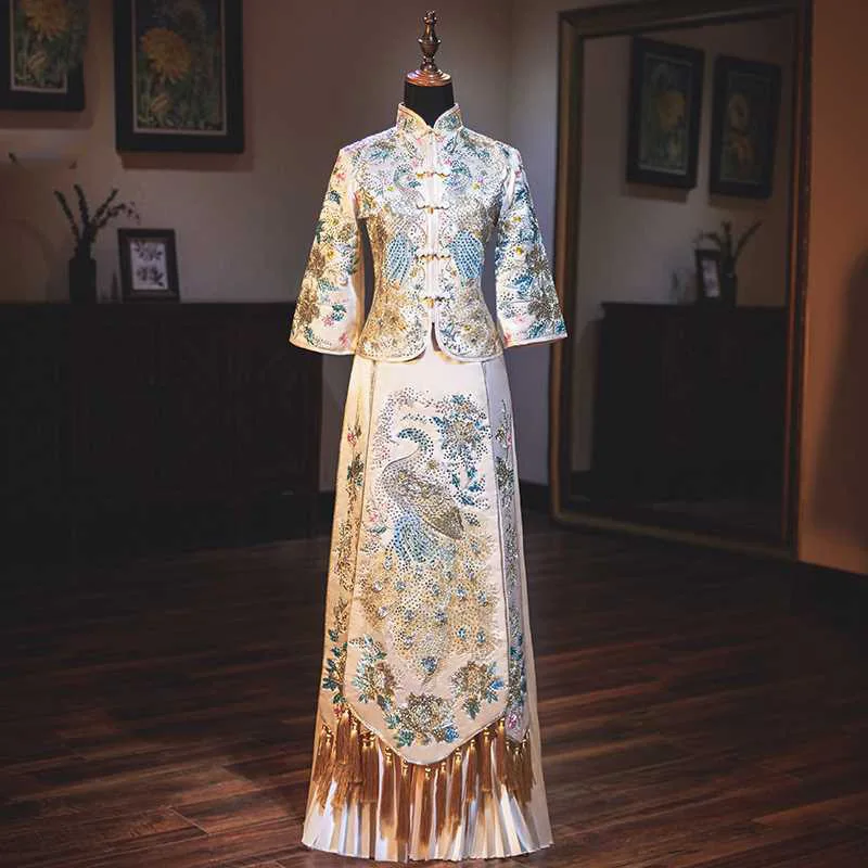 Beige Embroidery Chinese Traditional Stylish Cheongsam Wedding Bridal Dress Banquet Women Vintage Style