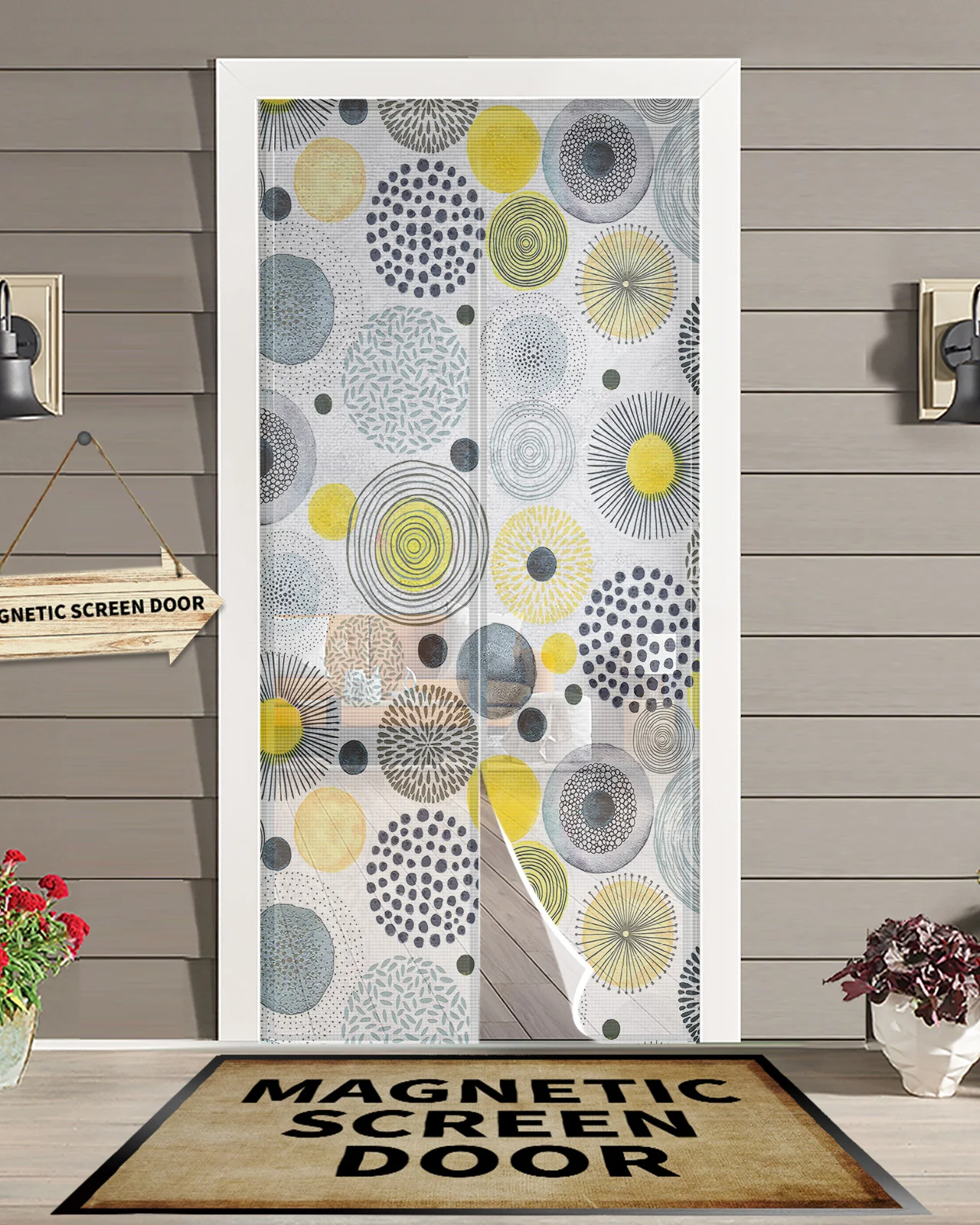 

Geometric Texture Circle Center Yellow Magnetic Door Curtain Summer Living Room Bedroom Home Anti-mosquito Screen Door Curtain
