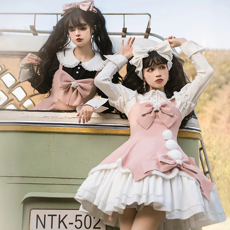 Women Dress Lolita Dress Winter Fairy Tale Suspender Skirt Sweet Long Sleeve Shirt Princess Japanese Harajuku Fashion