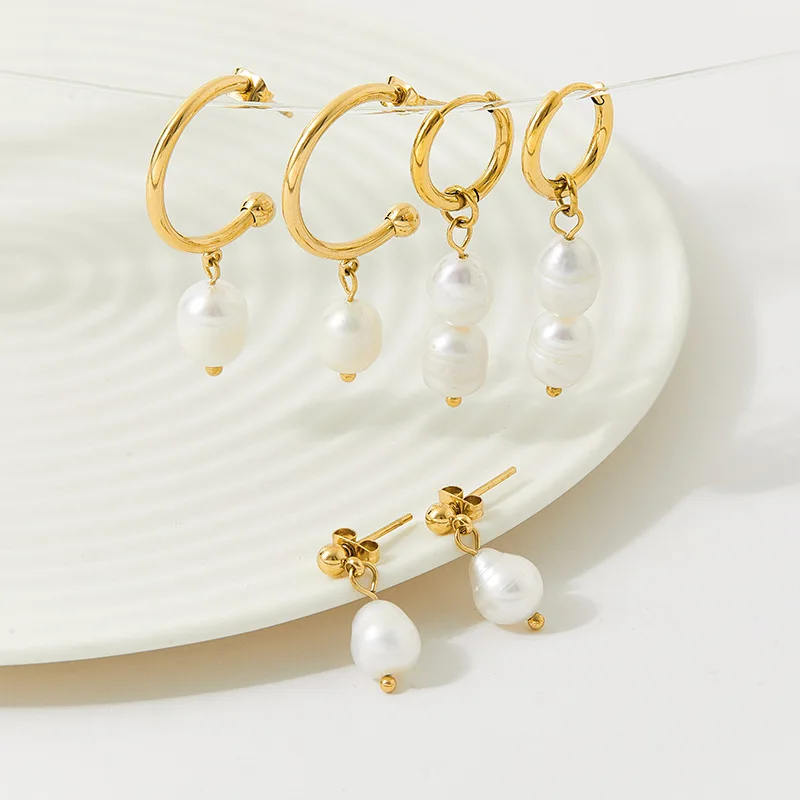 

Natural Freshwater Pearl Large C-Shaped Stainless Steel Earrings Female All-Match Ins Wind Single Bead Earrings Drop Shipping