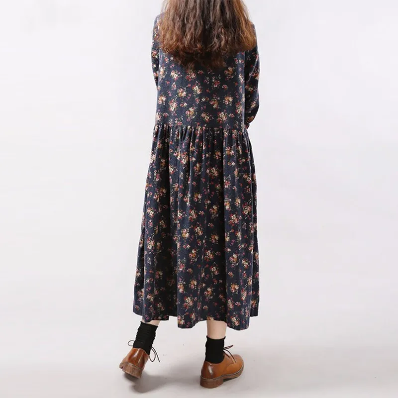 Korean Fashion Female Vintage Autumn Dresses Floral Print Dress Long Sleeve O Neck Pockets Loose Casual Vestidos Women Clothing images - 6