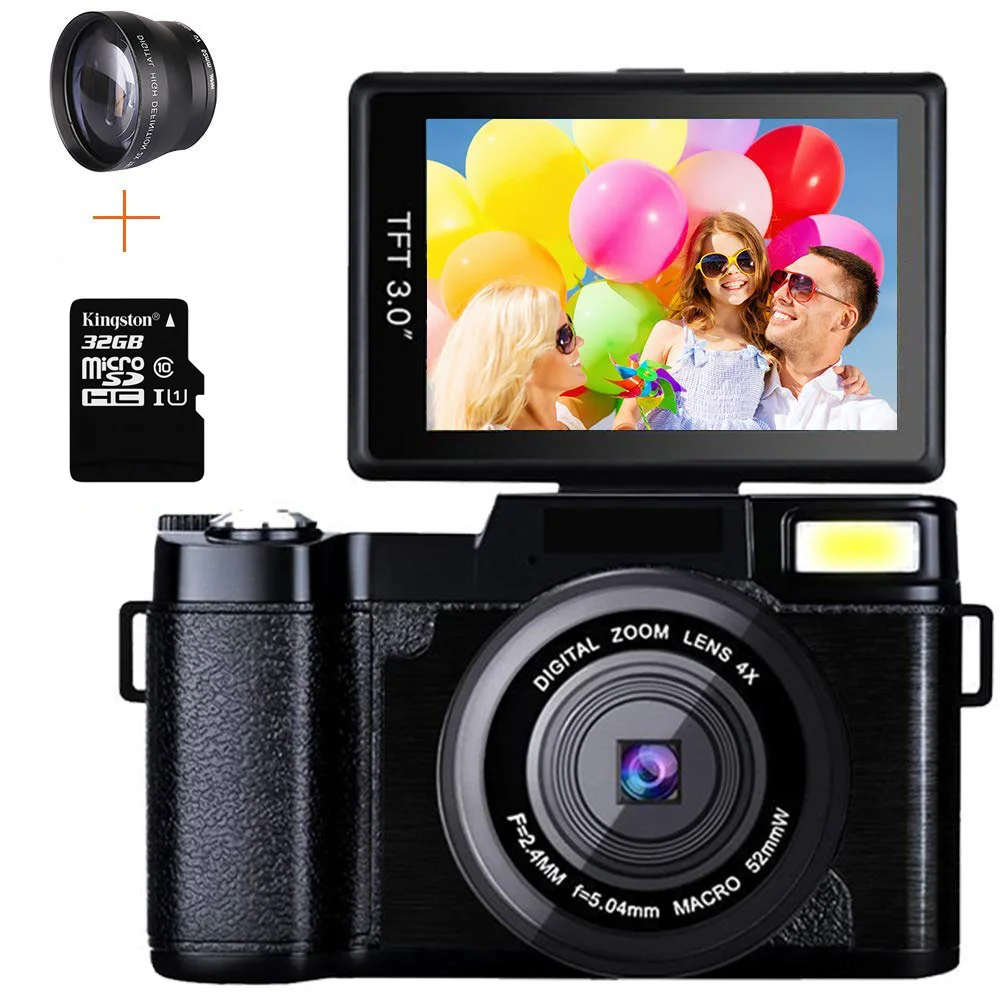 HD Digital Camera 24MP Photographic Camera 4x Zoom Rotating Screen Professional EIS Video W/ Wide Lens