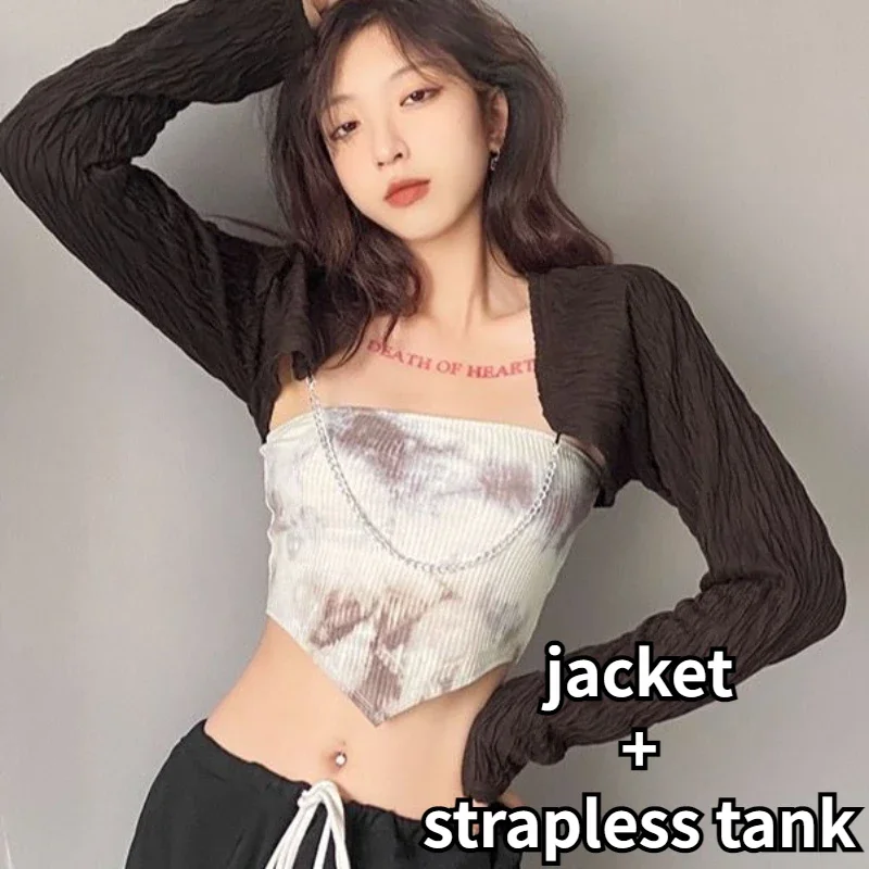 

2 Pcs Sets Women High Street Hotsweet Spring New Tie Dye Strapless Tanks Chain Jackets Sexy Korean Style Ins Female Fashion Slim