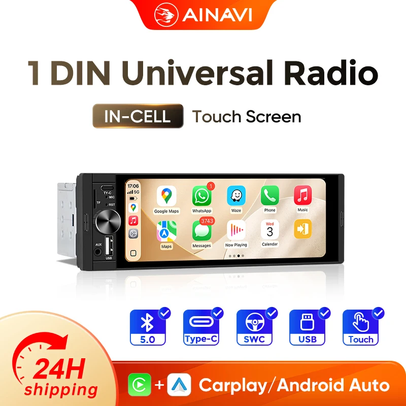 Radio para Auto AINAVI HD IPS con Pantalla Táctil 1 DIN, Carplay Universal, Multimedia Inalámbrico, Android Auto, Tipo-C, USB, BT 5.0, Estéreo 1Din 1