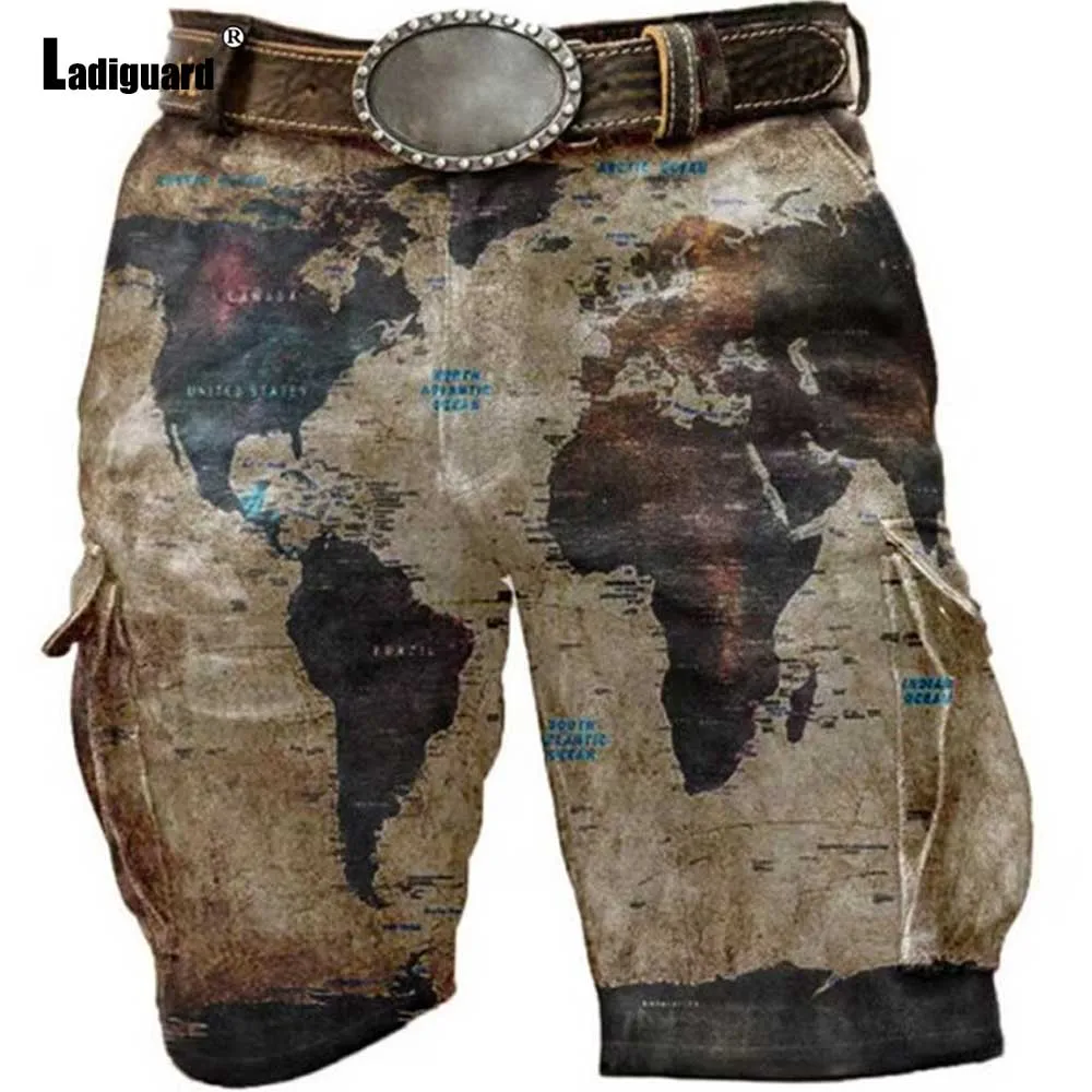 

Men's Casual Retro Shorts Fashion Gothic Map Print Shorts Men Stand Pocket Half Bottom 2023 Summer New Vintage Knee-Length Pants