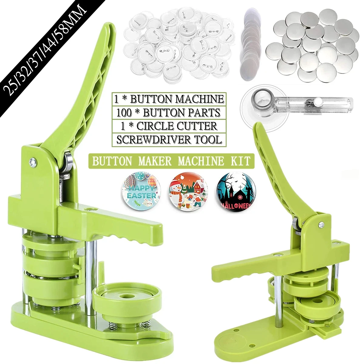 Handmade DIY 25/32/37/44/58MM Emblem Set with 100 Button Accessories+Green Circular Cutting Machine Emblem Press Set