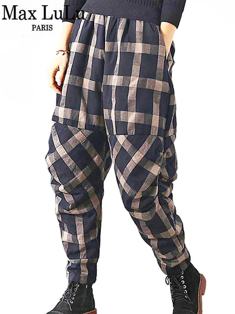

Winter Black Plaid Casual Pants Women Padded Loose Harajuku Trousers Korean Style Ladies Punk Vintage Pantalons