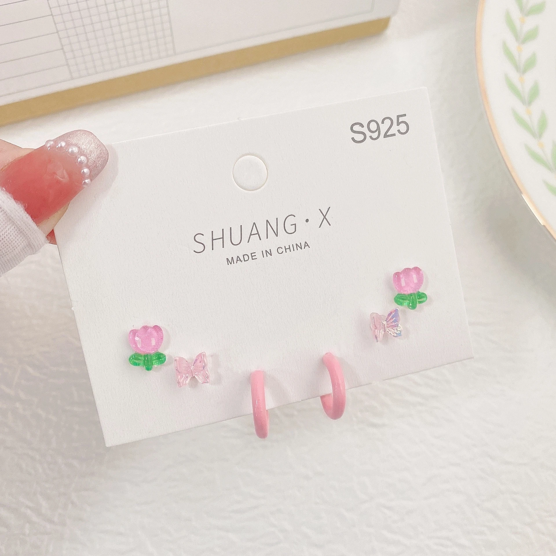 Pink Ceramic Ears Stud Earrings Set Korean Style Heart Flower for Women Colorful Earring for Girls Cute Elegant Party Jewelry