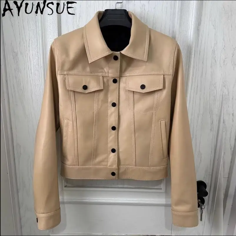 

AYUNSUE Classic quality soft sheepskin leather jacket.New Women slim fit casual real leather coat.OL short leather clothing