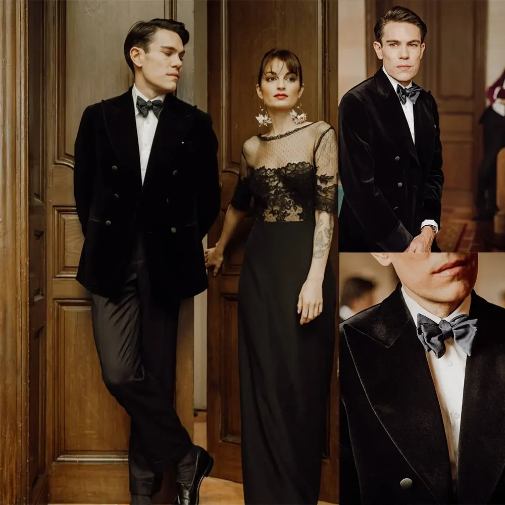

Vintage Velvet Black Groom Wear Wedding Tuxedos Mens Party Prom Pants Suits Coat Business Blazer Wear Classic Outfit 2 Pieces