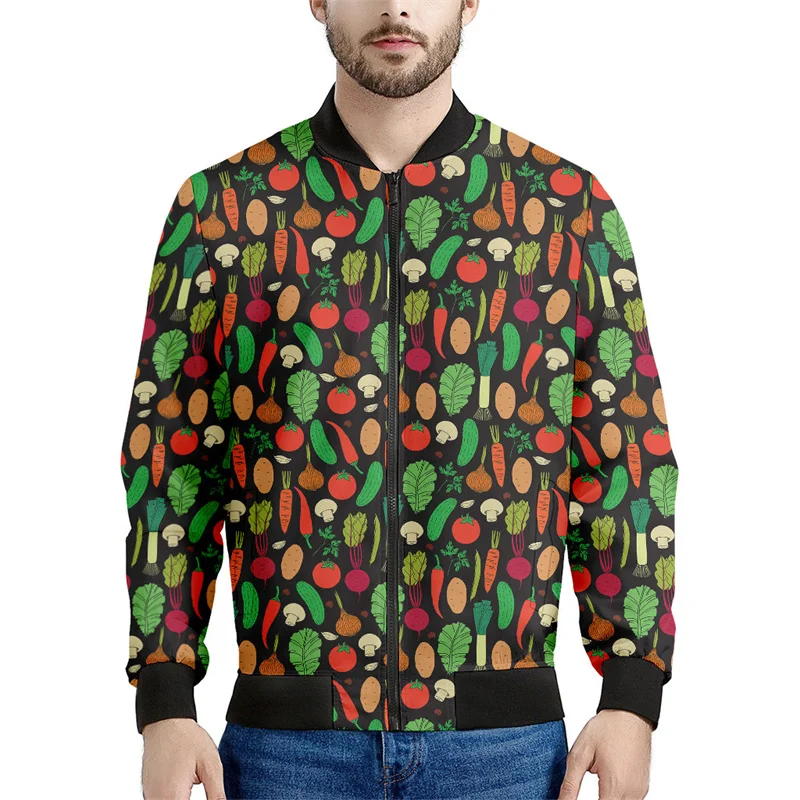 thumbnail image 1 of Chaqueta con cremallera y estampado 3D de frutas y verduras de colores para hombre, sudadera vegana, camisetas de manga larga, chaquetas bomber de calle, 1 of 5