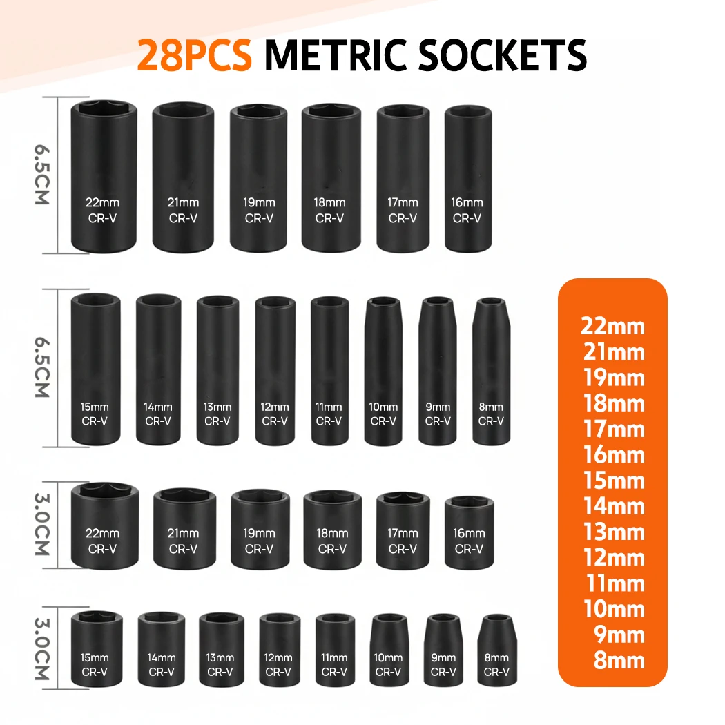 PORIYA 50Pc 3/8" Drive Impact Socket Set Ratchet Wrench Metric SAE Deep Short Sockets