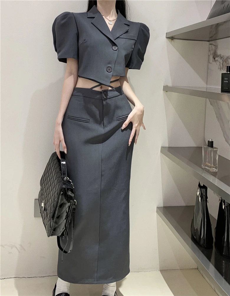 

High Quality Summer Office OL 2 Piece Set Women Notched Collar Irregular Cropped Top+High Waist Bodycon Lace Up Midi Skirts Suit