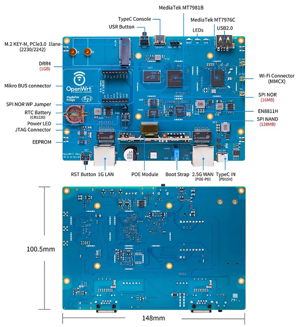 Banana Pi OpenWrt One Open Source Smart Router MediaTek MT7981B Dual-Band WiFi6