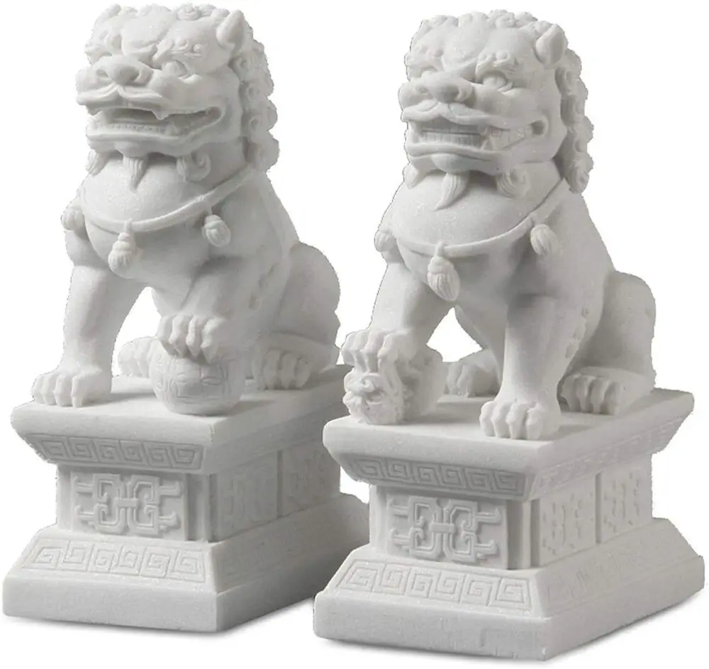 Pair of Peking Fu Foo Dogs Statues White Marble Jade Feng Shui Decor 11Cm/4.3In 2