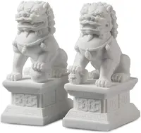 Pair of Peking Fu Foo Dogs Statues White Marble Jade Feng Shui Decor 11Cm/4.3In 2