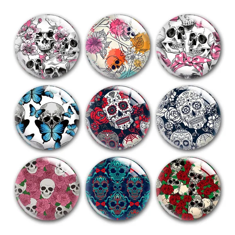 

Happy Halloween Skull Head Flower Colorful Round Photo Glass Cabochon Demo Flat Back For DIY Jewelry Making Supplies Snap Button