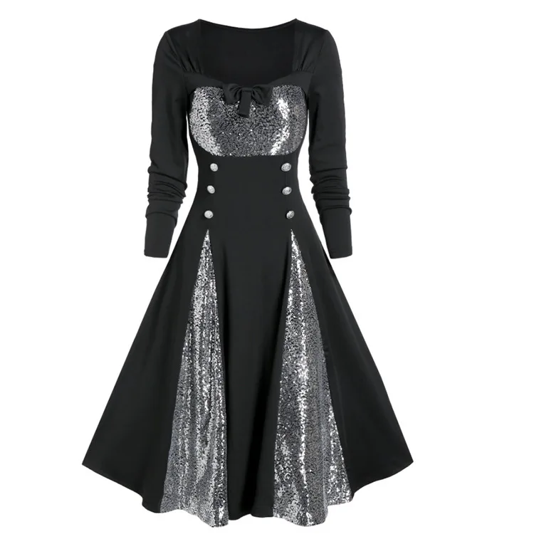 Vestidos com Decote em v Mandylandy Laço Costura Vestido Vintage Cintura Alta Grande Balanço Contrastante-cor Bandagem Manga Longa Retro 11 grande balanço contrastante-cor vestidos com decote em