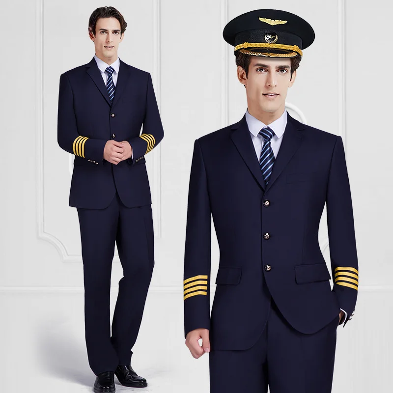 

Men Air Force Captain Uniform Pilot Clothes Security Guard Property Sales Department Work Worker Clothing - Navy Blue