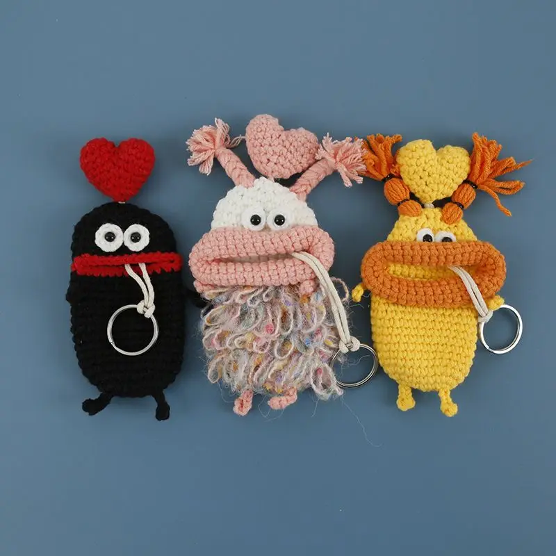 

Knitting Funny Doll Keychain Crochet Sausage Mouth Storage Bag Keys Keychains Cute Handmaking Weaved Doll Car Keyrings Wholesale