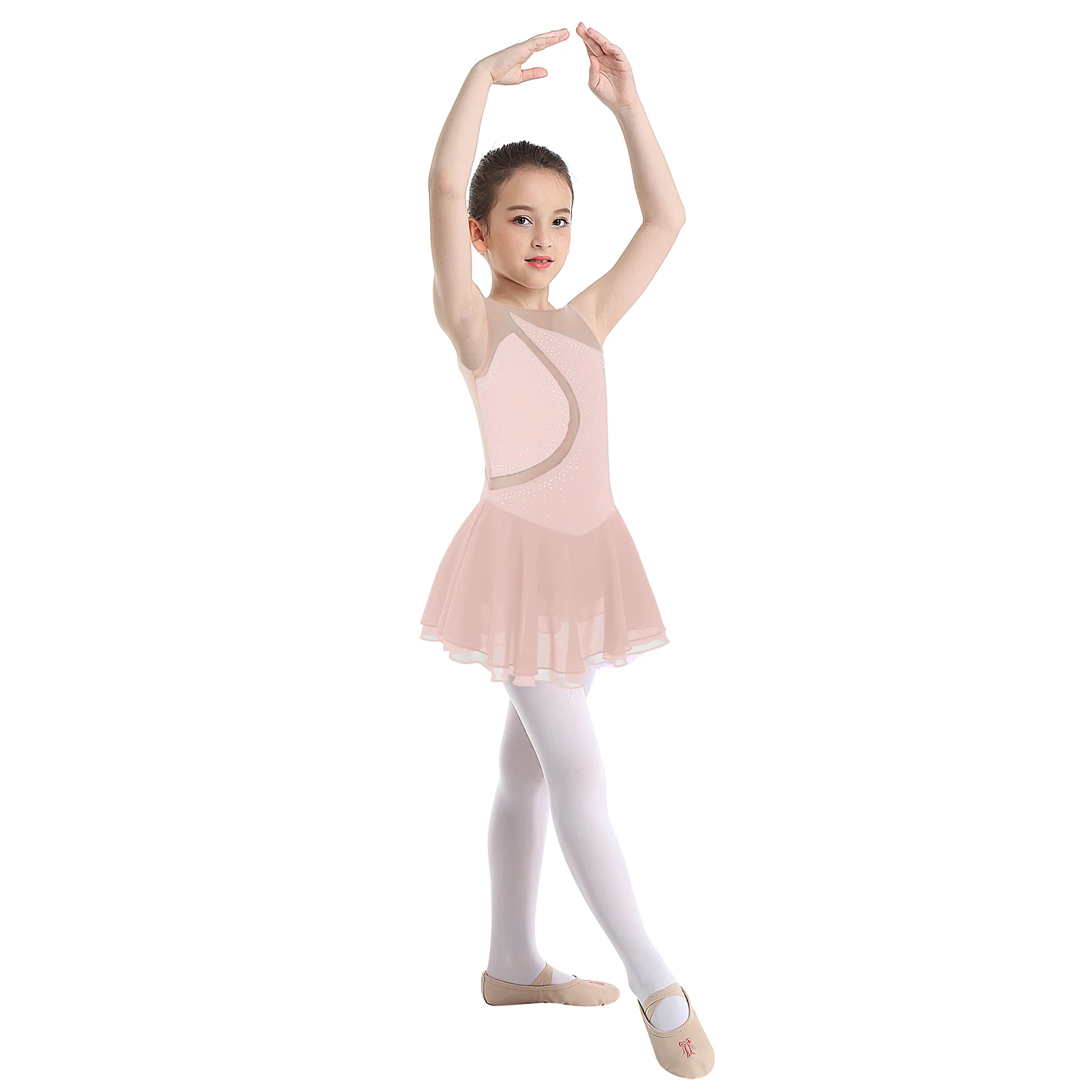 Figure Skating Dress for Kids Girls Performance Costumes Rhinestone Mesh Splice Ballet Lyrical Dance Dresses Gymnastics Leotards ballet leotard,dance leotard,ballet dress,girls dance costumes