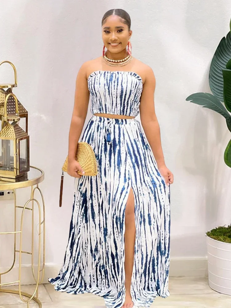 Wmstar Women Two Piece Set Summer Sexy Trendy Navy Blue Crop Top High Waist Side Slit Pleated Skirt Matching Lady Streetwear