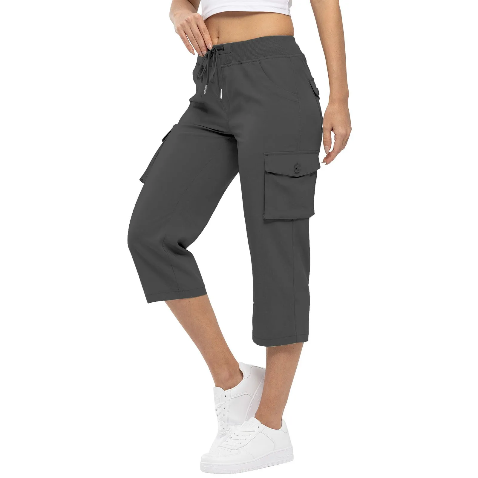 Women'S Pants 2024 Summer Fashion Pocket Design Cuffed Drawstring Casual Plain High Waist Skinny Daily Knee-Length Pants