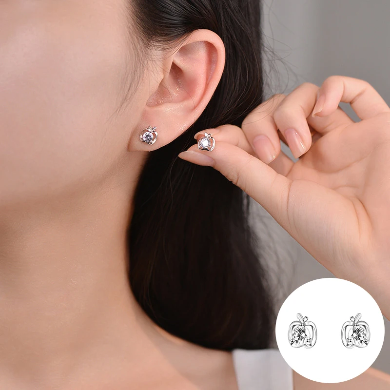 

100% 925 Sterling Silver Zircon Fruit Earrings for Women Girl Mini Apple Geometric Design Jewelry Party Gift Dropshipping
