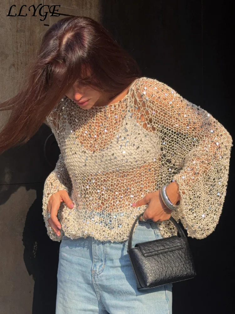 Fashion Women's Sequins Knit Hollow Out Pullovers Loose O-neck Long Sleeve Female Sweaters 2025 Spring Lady Shinny Chic Shirts 2