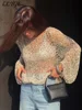 Fashion Women's Sequins Knit Hollow Out Pullovers Loose O-neck Long Sleeve Female Sweaters 2025 Spring Lady Shinny Chic Shirts 2