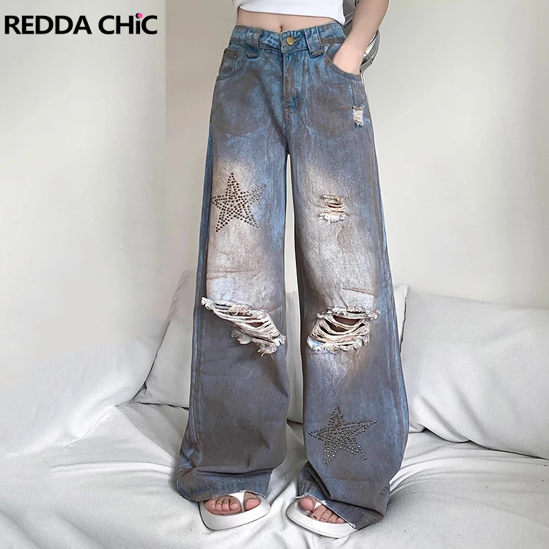 

REDDACHiC Studded Star Y2k Women Baggy Jeans High Rise Blue Dirty Wash Distressed Ripped Hole Wide Leg Pants Harajuku Streetwear