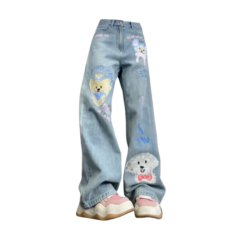 

90s E-Girl Funny Kawaii Cartoon Dog Print Women Jean Pants Chic Fashion Harajuku Wide Leg Trousers Loose Grunge Pantalones