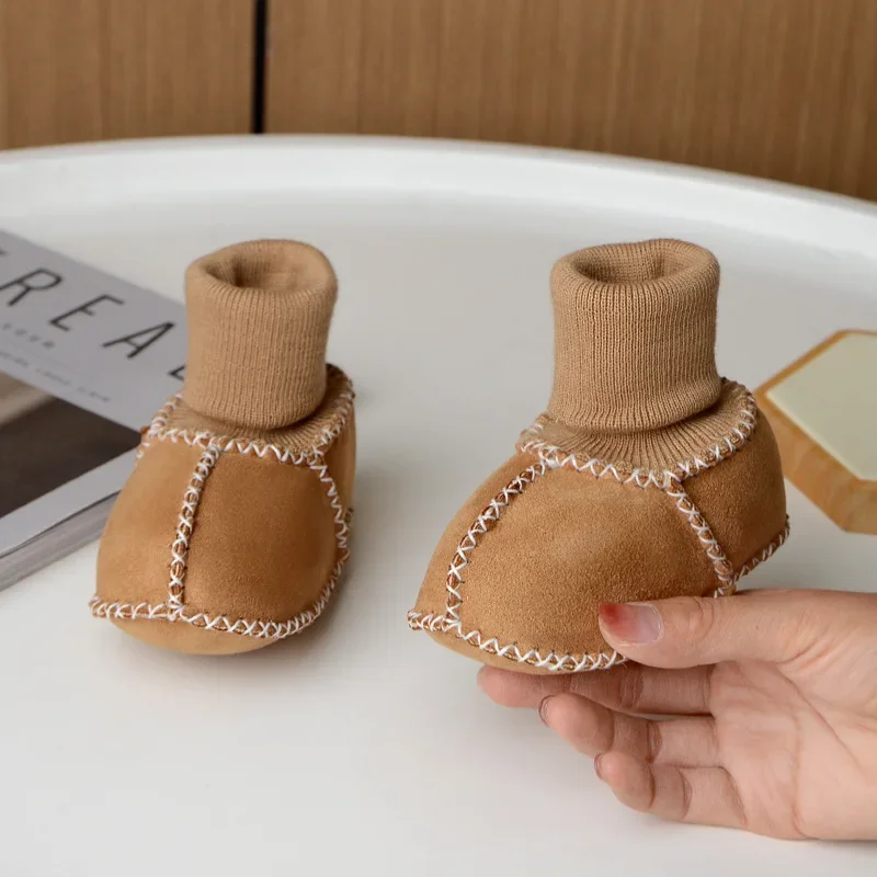 Baby Suede Leather Thick Shoes Infants Winter Plush Warm Booties Fur Girls Booties Unisex Sheepskin Kids Boy Floor First Walkers 4