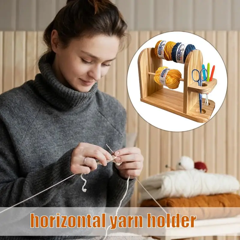 

Wooden Yarn Holder Crochet Accessories Stand Double Revolving Yarn Dispenser crochet Yarn Spindle Feeder with Side Organizer