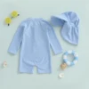 0-24M Kids Boys Long Sleeve Swimwear Summer Striped Prints Zipper Rash Guard Swimsuit and Hat Beachwear Bathing Suit 4