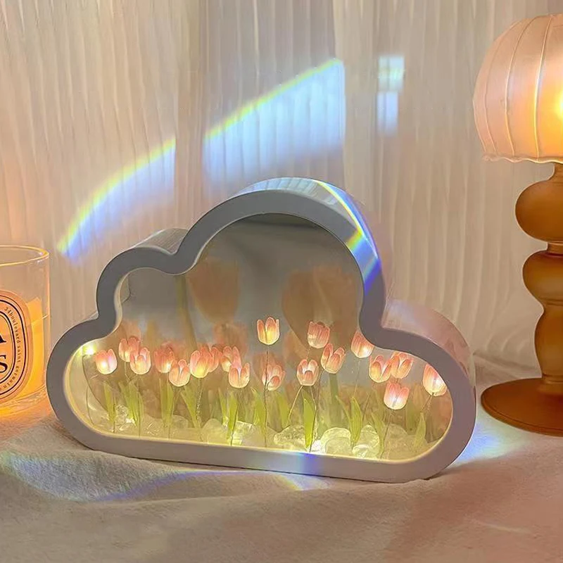 DIY Cloud Tulip LED noapte lumină fete dormitor ornamente Creative cadru foto oglindă lămpi de masă noptieră cadouri de ziua de naștere lucrate manual_voghion.com